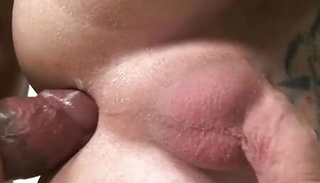 Blonde shemale with small cock cums while being fucked in