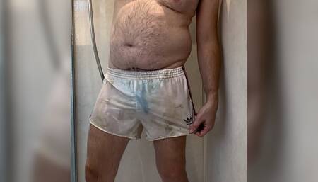 Showering in my sexy old adidas white Liverpool nylon football shorts from the 80's