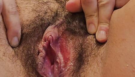 Suzzy with hairy pussy edging herself until cum - with close up orgasm