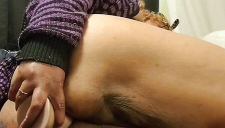 Fat lightskinned ebony housewife fucks tight ass with thick dildo