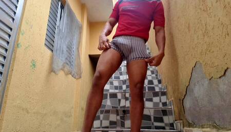 Alone in underwear with a suitcase in his huge underwear