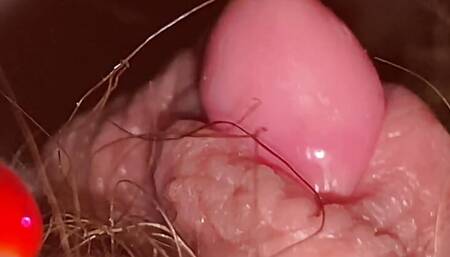 Extreme Close up huge clit head and hairy pussy