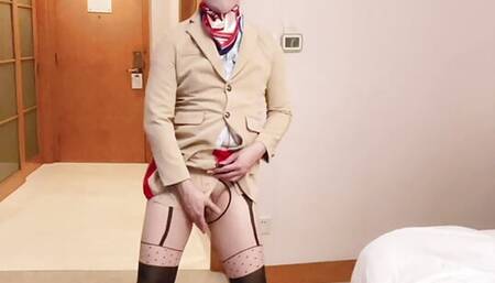 Asian sissy dancing and striping in Emirates cabin crew uniform