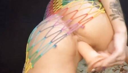 Fucking my ass and pussy with my tiny rainbow dress