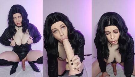Trans sissy sucks a big dildo, rides it and cums