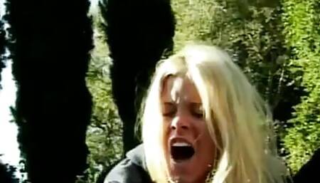 Horny blonde busty chick fuck in backyard from behind