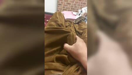 Shiny satin saree fun while rubbing my cock