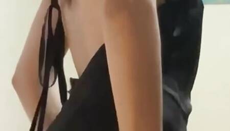 Stepsister in a satin black dress sexy dancing and playing with nipples, causing me desire.