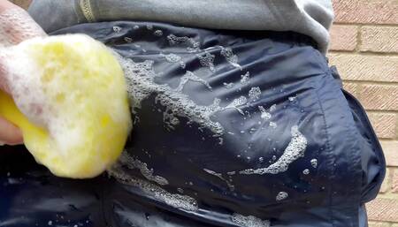 Playing with soapy water in my nylon pants and vintage adidas sprinter