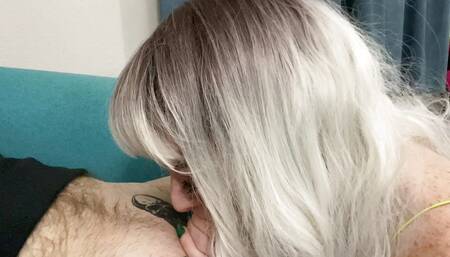 Blonde sucks his cock then rides him until he finishes inside her with a creampie