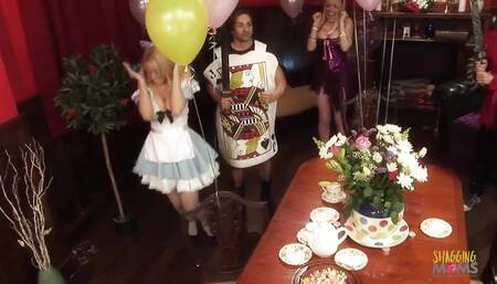 A group of horny men and super naughty women fuck hard dressed up in Alice in Wonderland costumes