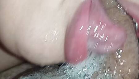 POV of a bitch with her naughty face licking my dick completely