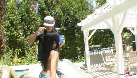 Catching the brunette rubbing her ebony clit leads to his big white cock pounding her