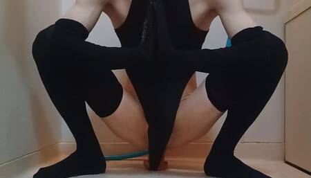 Sissy-Kuroko fucks herself in the ass wearing a black leotard