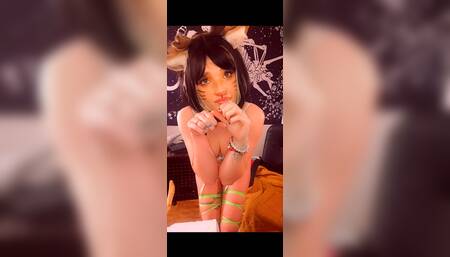 Horny deer-girl strips out of her lingerie and plays with her perky pierced tits before rubbing and fingerfucking wet pussy