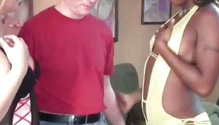 Lusty ebony and sexy blond MILF take turns gagging on white cock
