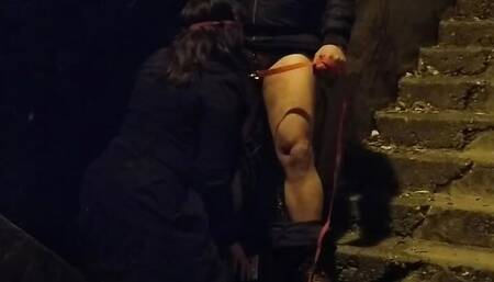 Mother in law sucking  boy cock and lick his ass in public on dog leash