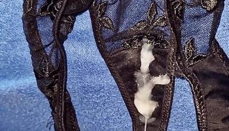 Massive cumshot in black sexy thongs