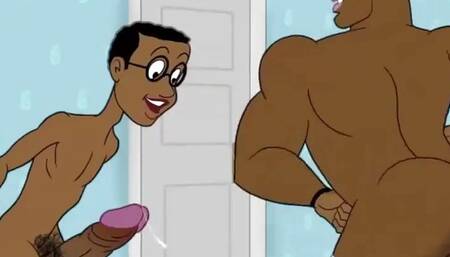 Guys cartoon with big dicks at the Gay Factory Party