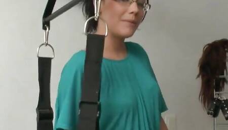 French brunette tries sex swing in threesome