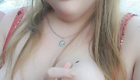 Beautiful chubby blonde bbw in dress flashes cute small boobs with big nipples and fat pussy in public outdoors nature trail