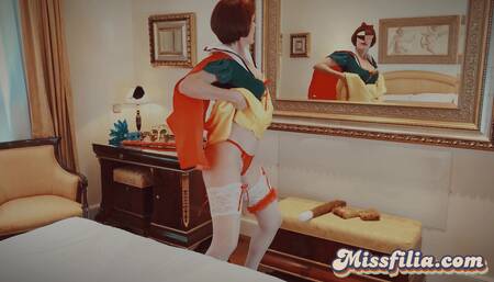Miss Filia MILF Snow White Cosplay Striptease and Masturbate with Big Cock Dildo in Retro Vintage Style, Real Wife Amateur