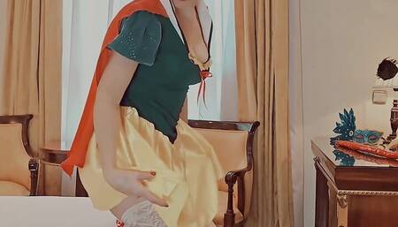Miss Filia MILF Snow White Cosplay Striptease and Masturbate with Big Cock Dildo in Retro Vintage Style, Real Wife Amateur