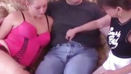 Big busty blonde gets her pussy fucked and sucked by horny couple