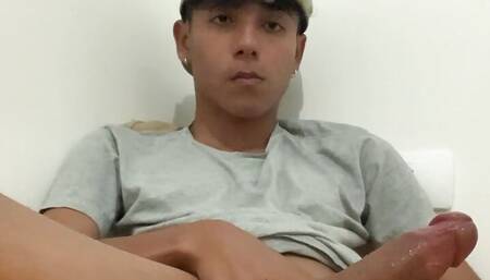 Big dick twink jerking off hot in his friend's room