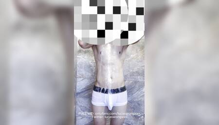 Smooth Muscle Asian Guy Showers in White Underwear then Jacks Off