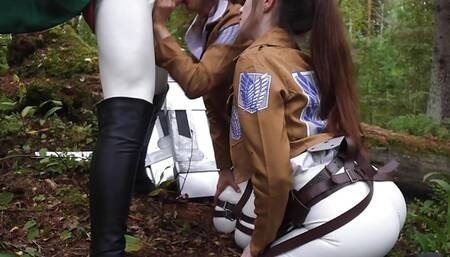Attack on titan. Sloppy threesome blowjob for commander in the forest