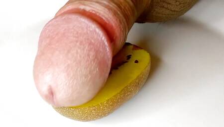 Smooth sliding on a lush wet Kiwi makes precum sweet and green on closeup