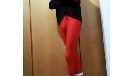 Fun At Home Wearing a Red Zentai Costume
