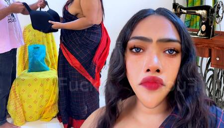 When Telugu Aunty wearing saree without blouse went to the shop to buy bra, Shopkeeper Fucks her while She Trial The Bra - Cum