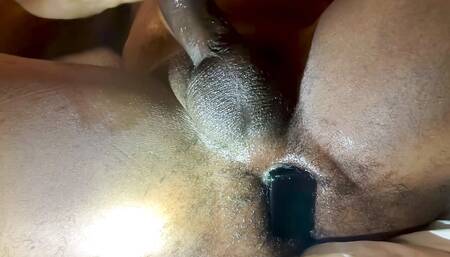 Toy in my hairy ass makes me cum hard.