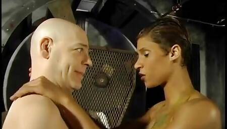 Tall black dominatrix grabs horny white guys cock