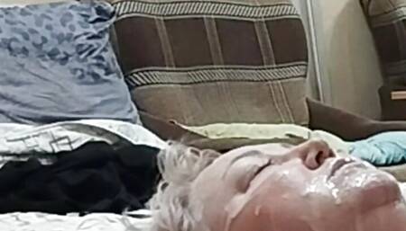 mother-in-law's face is all in cum after repeated endings in her mouth