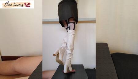 White overknee bootjob cock trampling