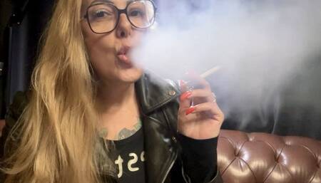 Marlboro reds - Audible inspirations - Long drag - Deep Inhales - Mouth Inhales and open mouth exhales - Coughing - Triple pumps - Smoke rings - Genuine leather jacket - Long hair - Long red nails - No makeup
