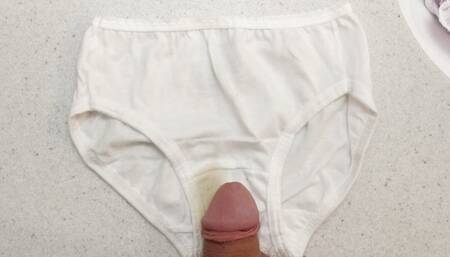 Rubbing myself on cute white panties then peeing on them a little