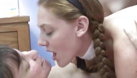 Lesbian swingers get naked and eat midget chick's pussy on hotel bed