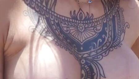 Big Tits hot girl pissing at the beach naked