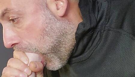 Sucking precum of this big ass Rubber cock