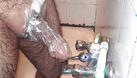 I start my thick big hairy cock with soap and hot water in the shower in the bathhouse