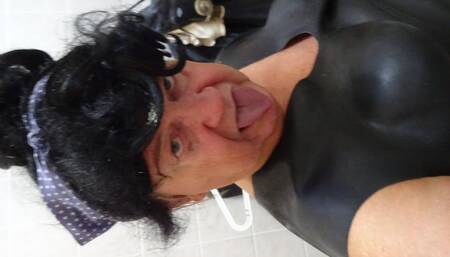 perv rubberbessy in stockings dildo riding cum on rubberboot and swallow