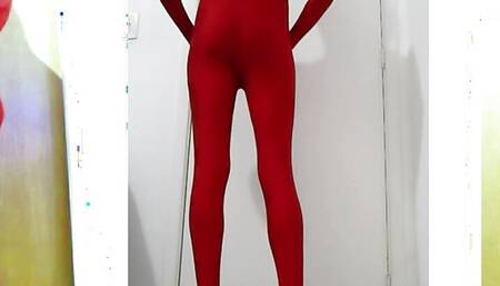 Fun At Home Wearing a Red Zentai Costume Part 2