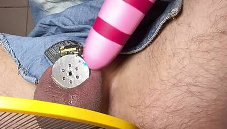 Flat Chastity Cage tease with vibrator