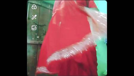 Indian Gay Crossdresser Gauri Sissy XXX Video Call in Red Saree Showing His Boobs and Bra Strap