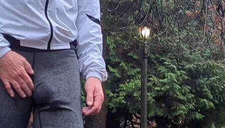 Rainy run in spandex. Watch dad  freeballing and showing off my bulging dickprint in the rain