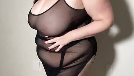 Sexy Curvy BBW Touches Herself in Sheer Dress and Stockings